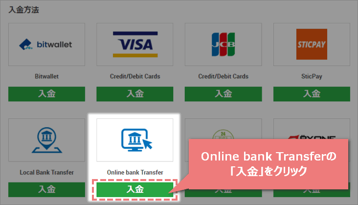XM会員ページ内Online bank Transferの入金ボタン